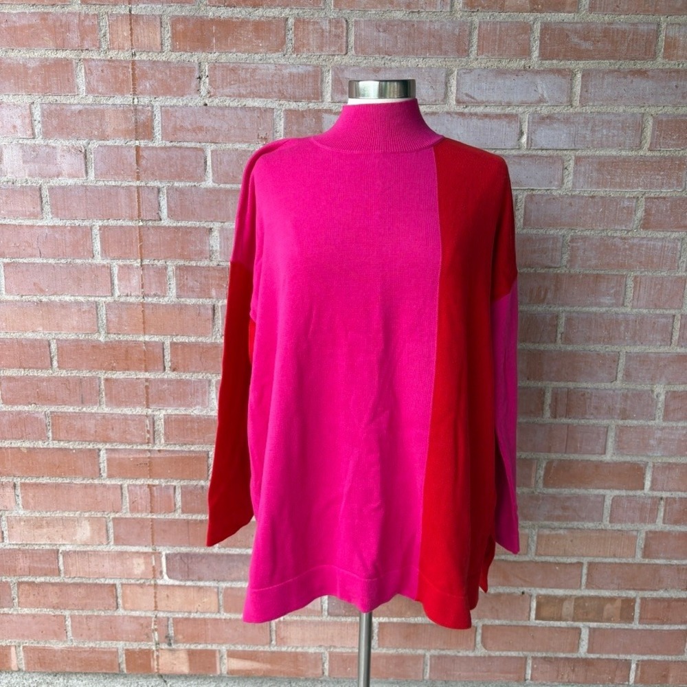 Anne Klein Colorblock Mock Neck Sweater XL Pink Red Cotton Blend Mod Knit Top